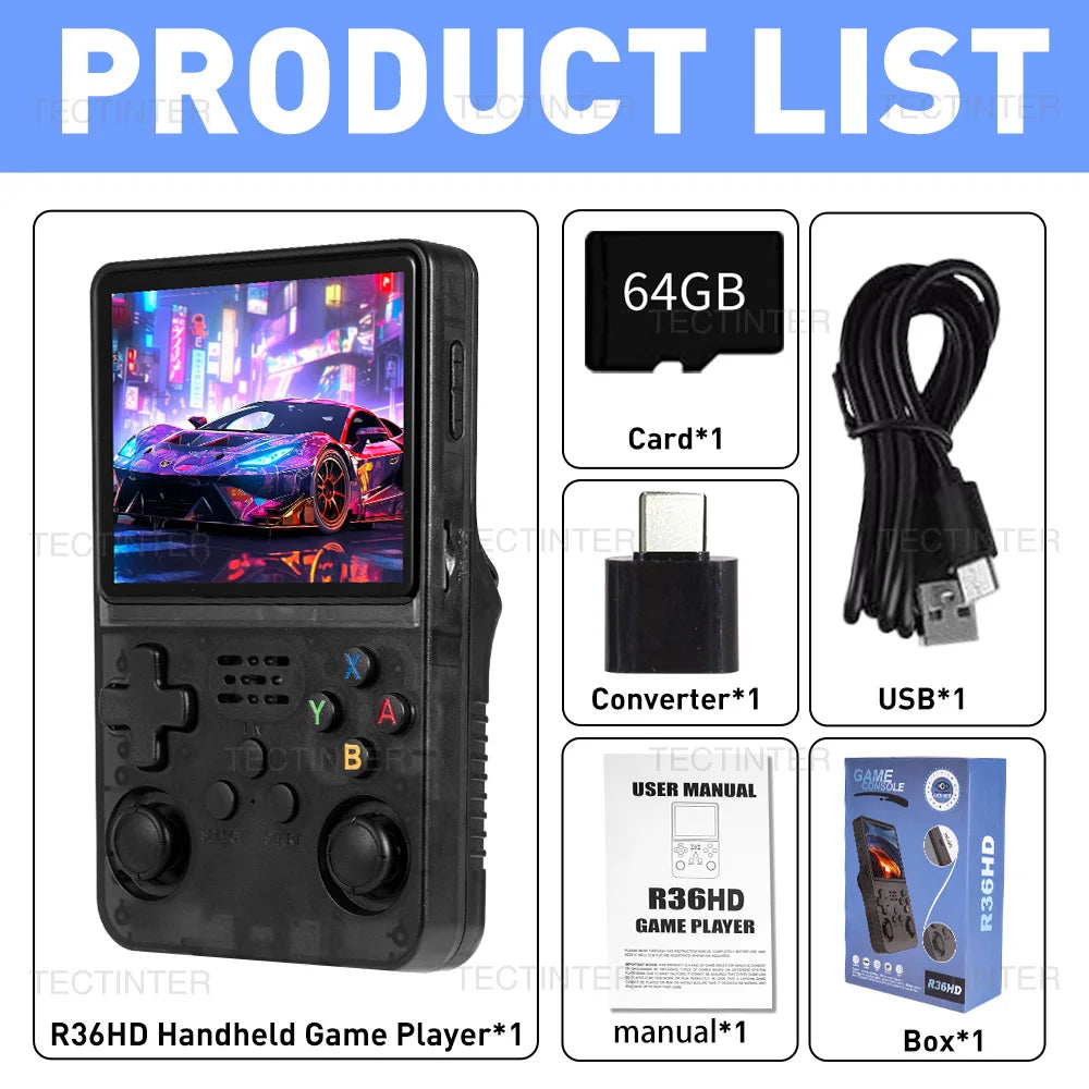 64G R36HD Handheld Retro Video Game Console For PS1/GBA/FC 20000+ Games Portable Linux System Gaming Players 3.5-inch IPS Screen