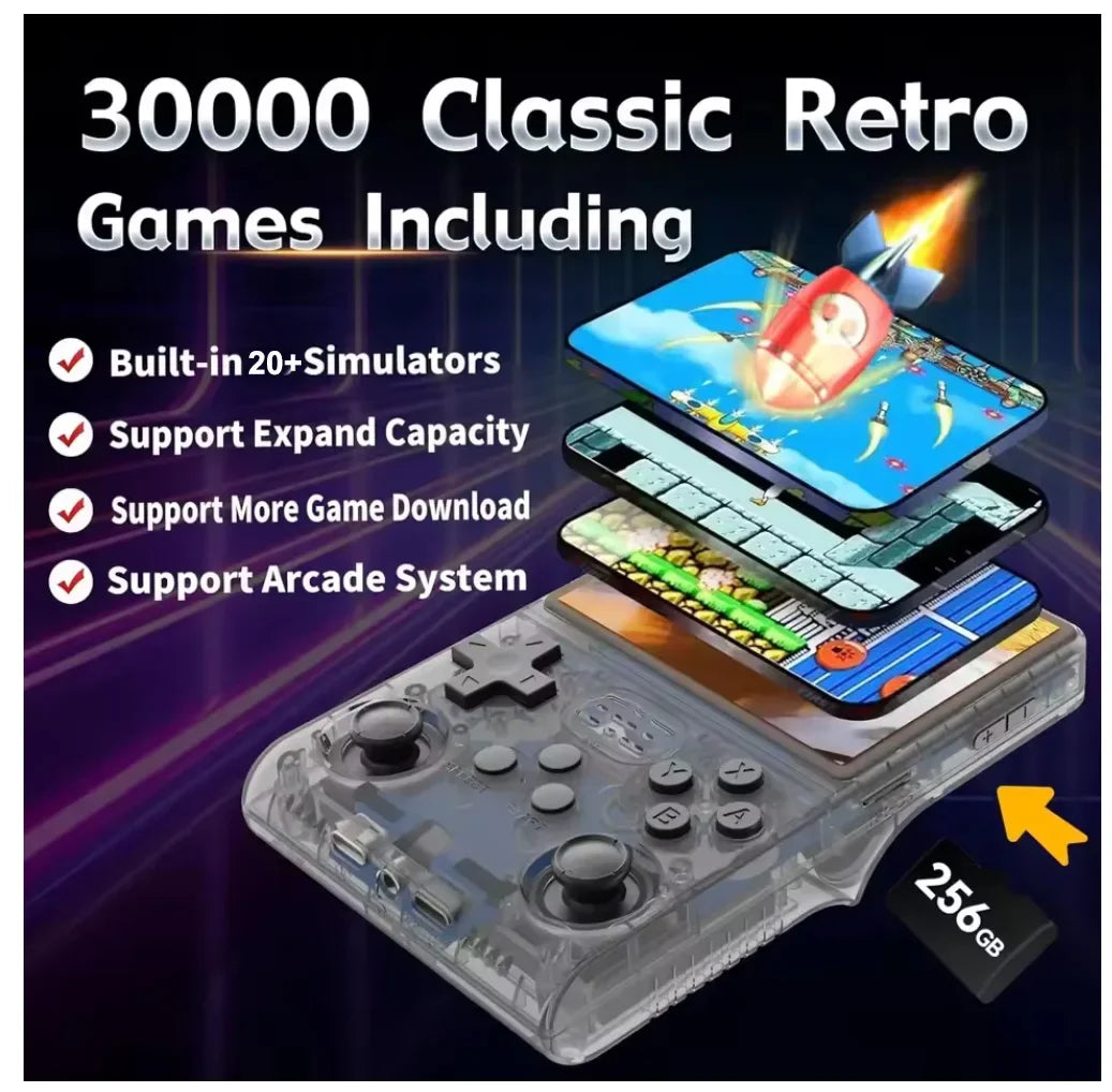 2025 New R40S PRO 256GB Handheld Game Console w/Joystick, 30000+ Retro Games, Linux OS, Transparent Shell, MP4 Player, Kids Gift