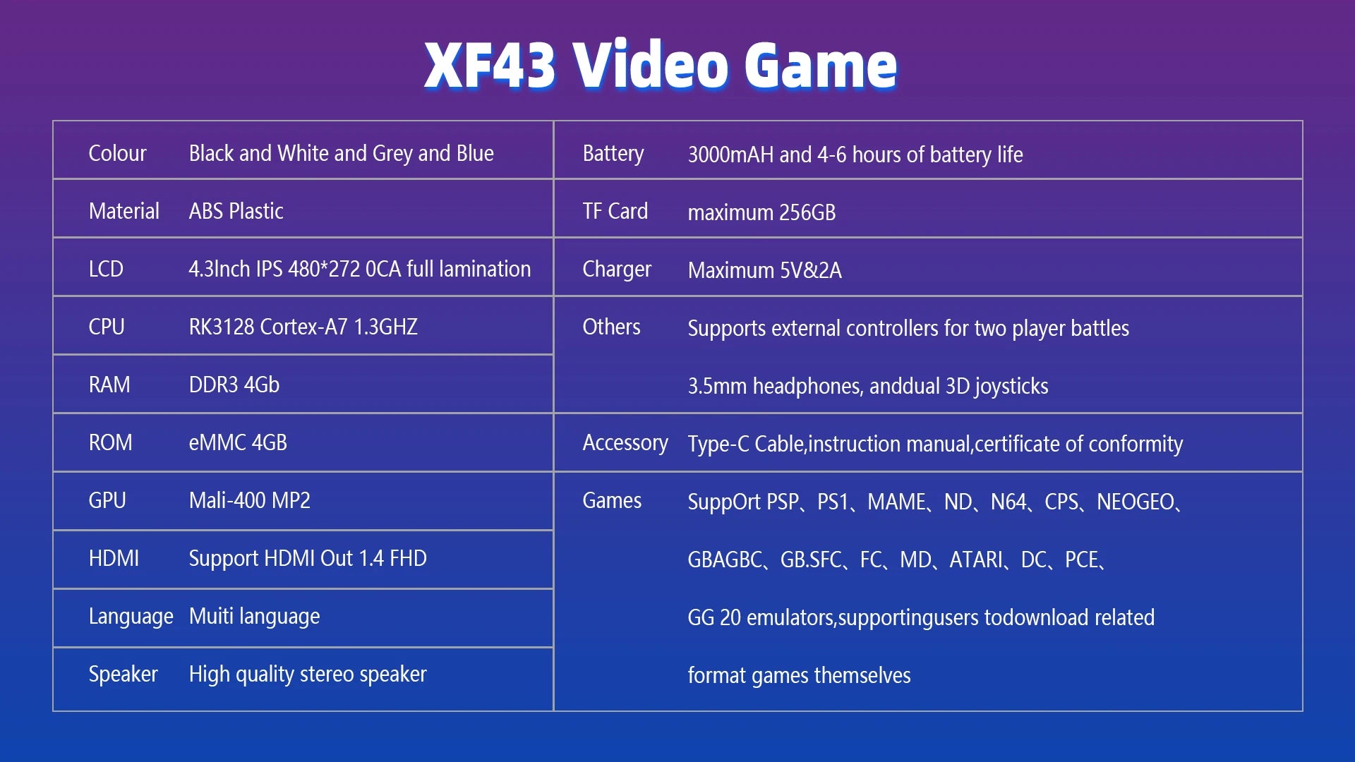AISLPC XF43 Retro Handheld Game Console 4.3 inch Linux System Gaming Players Portable Pocket Hand Game Video Devices Play Gift