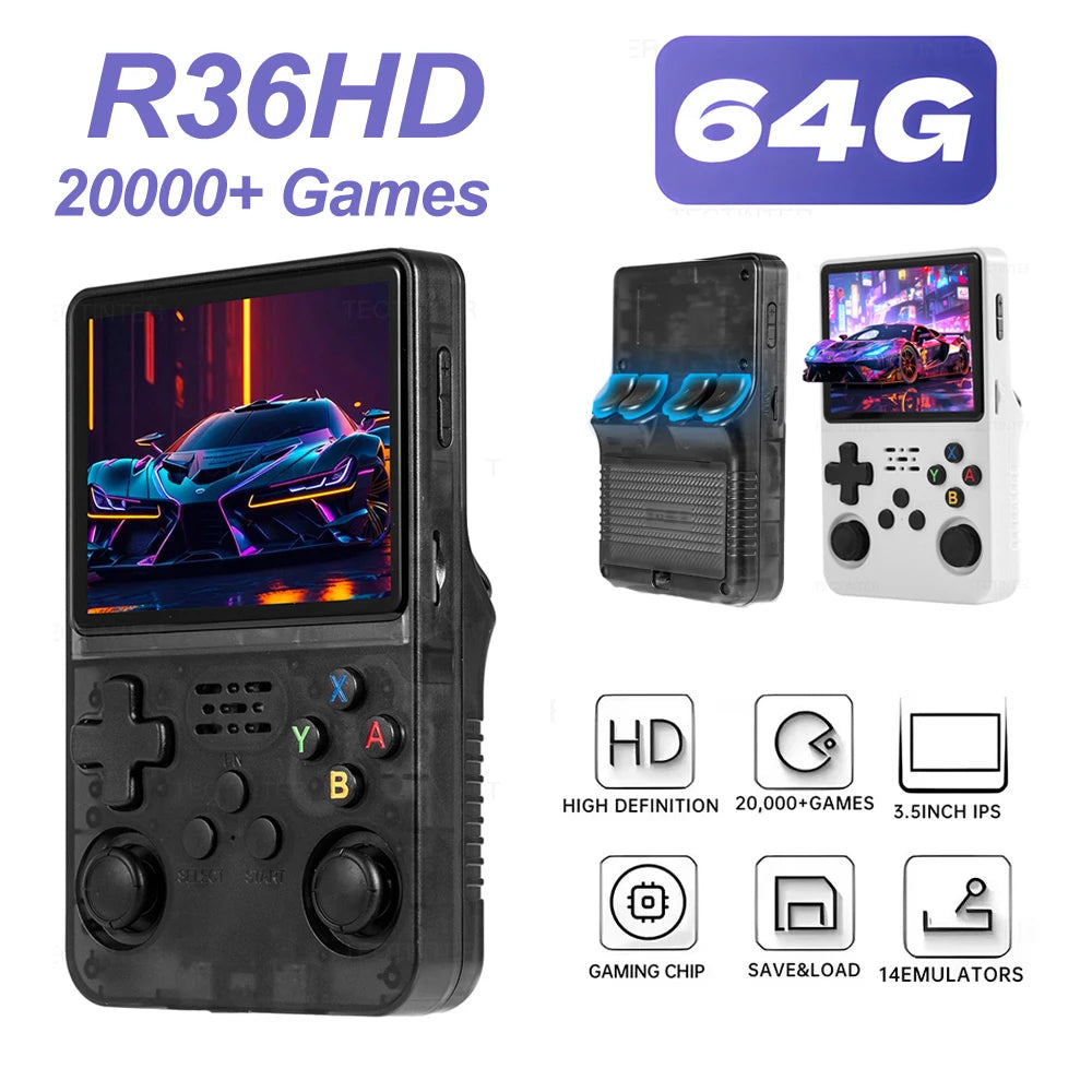 64G R36HD Handheld Retro Video Game Console For PS1/GBA/FC 20000+ Games Portable Linux System Gaming Players 3.5-inch IPS Screen