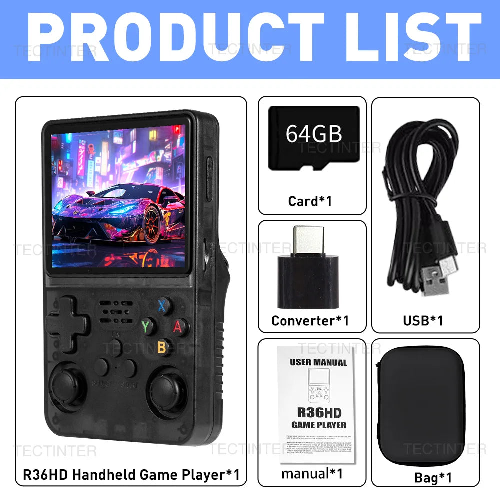 64G R36HD Handheld Retro Video Game Console For PS1/GBA/FC 20000+ Games Portable Linux System Gaming Players 3.5-inch IPS Screen