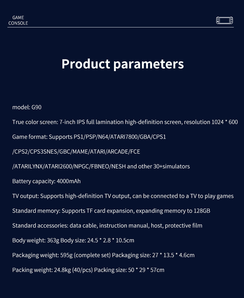G90 Portable Handheld Game Console 7-inch IPS HD Screen Retro Gaming Arcade for PSP/PS1 64G TV Game Controller For Children Gift