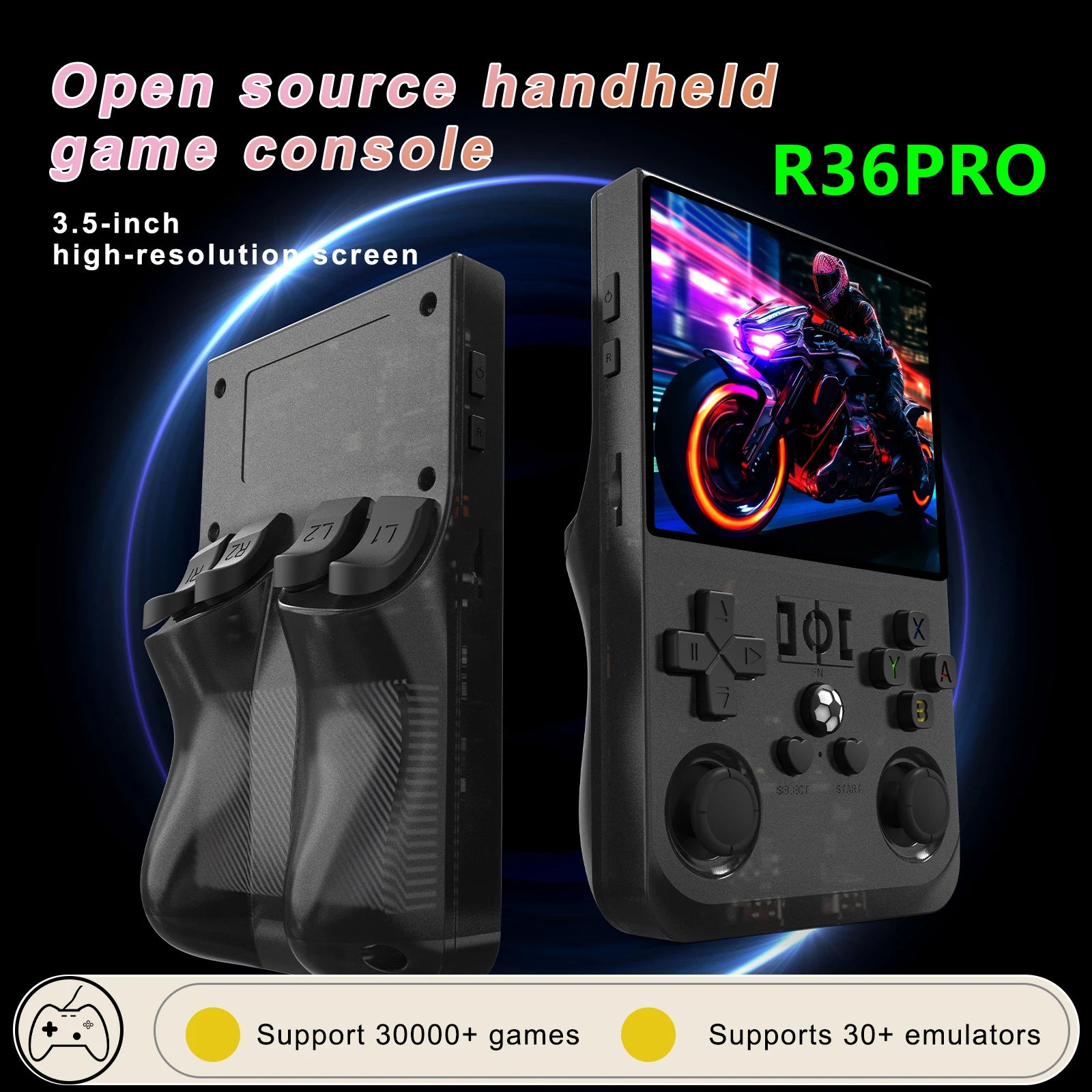 Open Source R36PRO Handheld Game Console Linux System 3.5inch HD Screen 4000mAh Play 6h 1GB+8GB RAM, Support TFcard 64GB 128GB