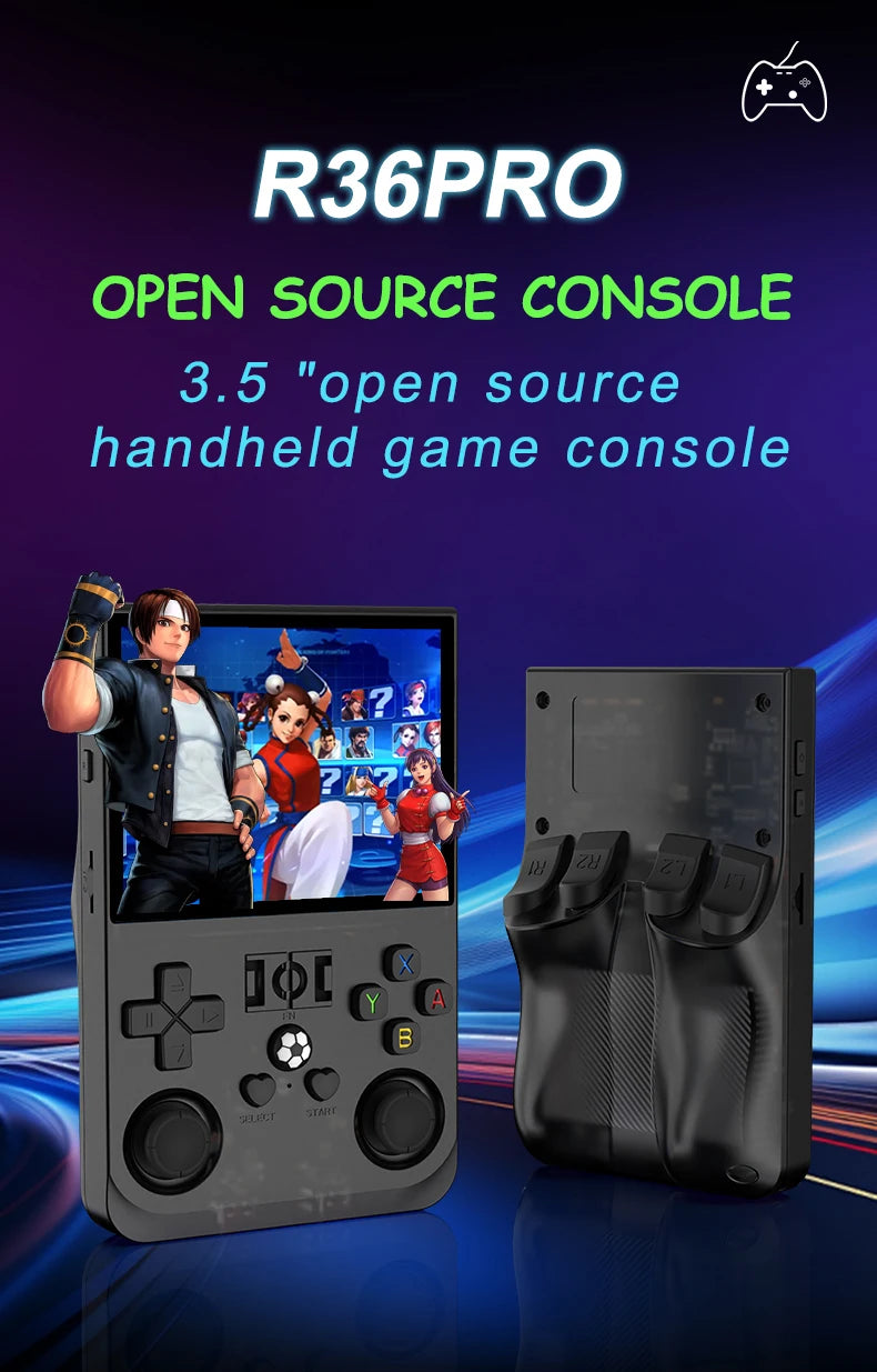 Open Source R36PRO Handheld Game Console Linux System 3.5inch HD Screen 4000mAh Play 6h 1GB+8GB RAM, Support TFcard 64GB 128GB