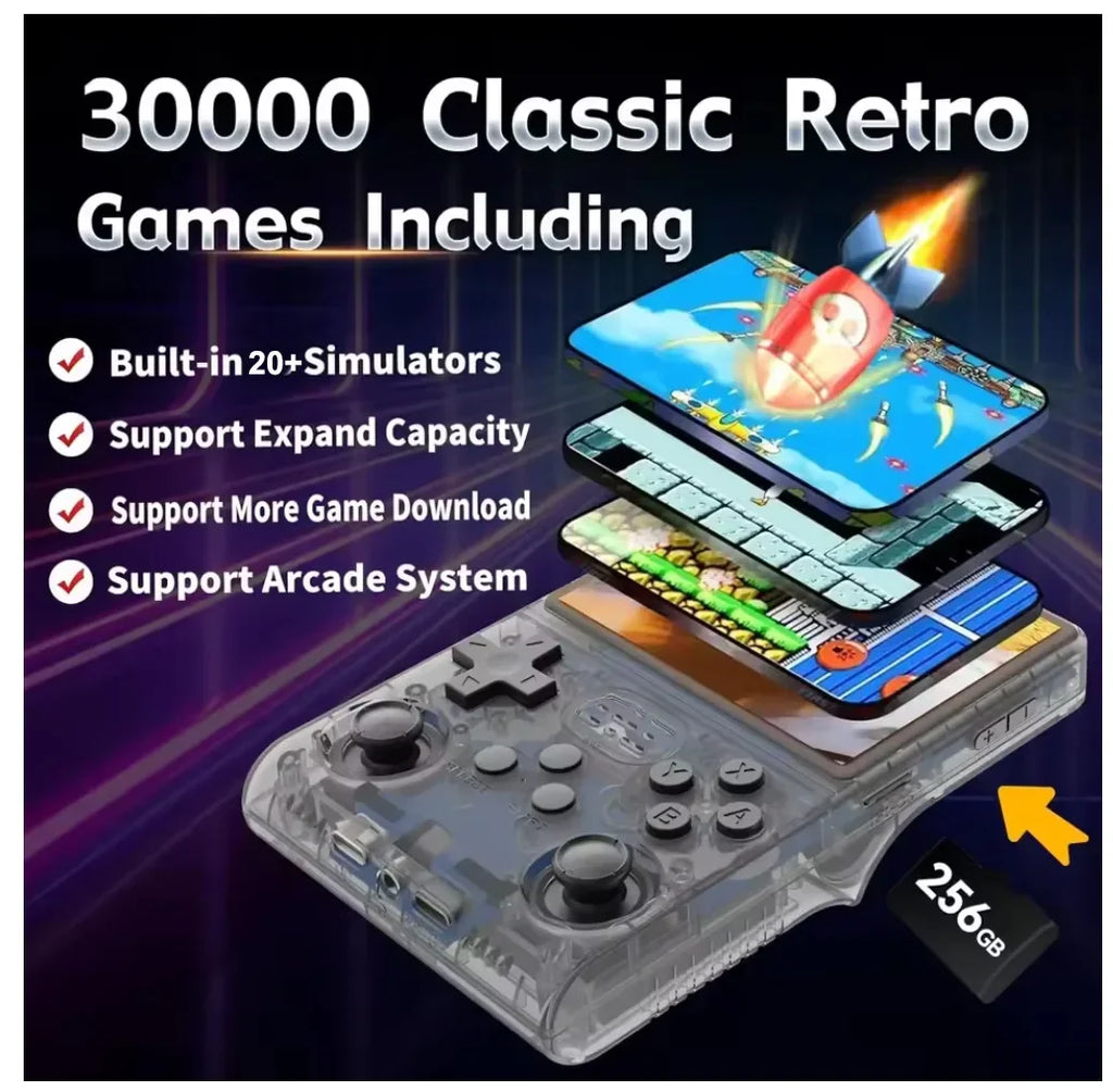 2025 New R40S PRO 256GB Handheld Game Console w/Joystick, 30000+ Retro Games, Linux OS, Transparent Shell, MP4 Player, Kids Gift