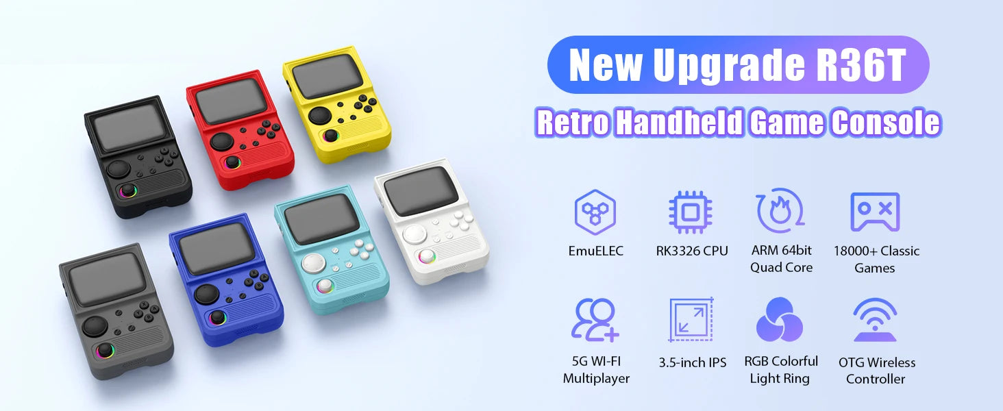 XISKT R36T Retro Portable Pocket Handheld Game Console EmuEMEC System 27+Simulator 18000+Game 3.5''IPS Screen Video Game Console
