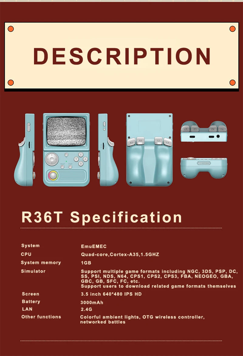 R36T Retro Handheld Video Game Console EmuEMEC System 3.5 Inch IPS Screen 2025 New Upgrade Portable Pocket Video Party Player