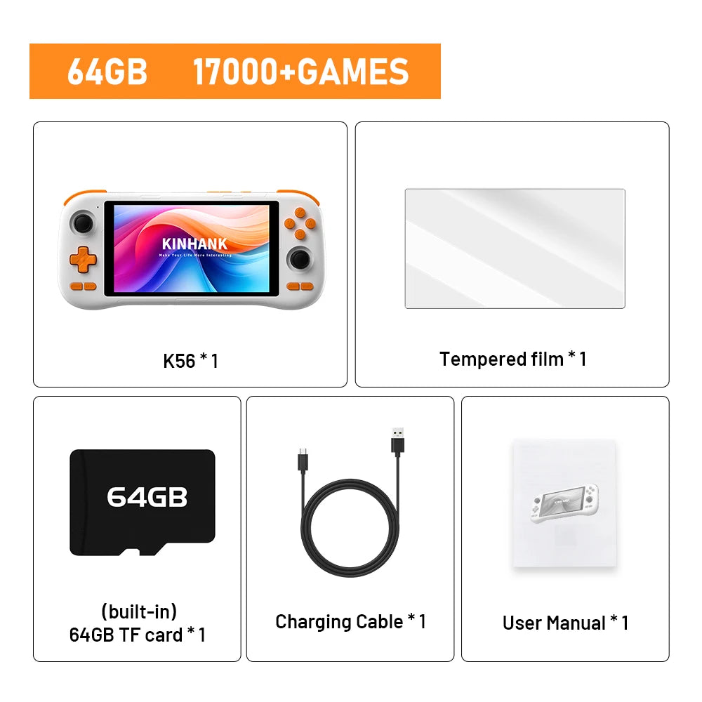 Kinhank K56 Handheld Game Console Android 14 5.5 inch Touch Screen With 50+ Emulators Retro Video Games  For DC/MAME/SS/PSP