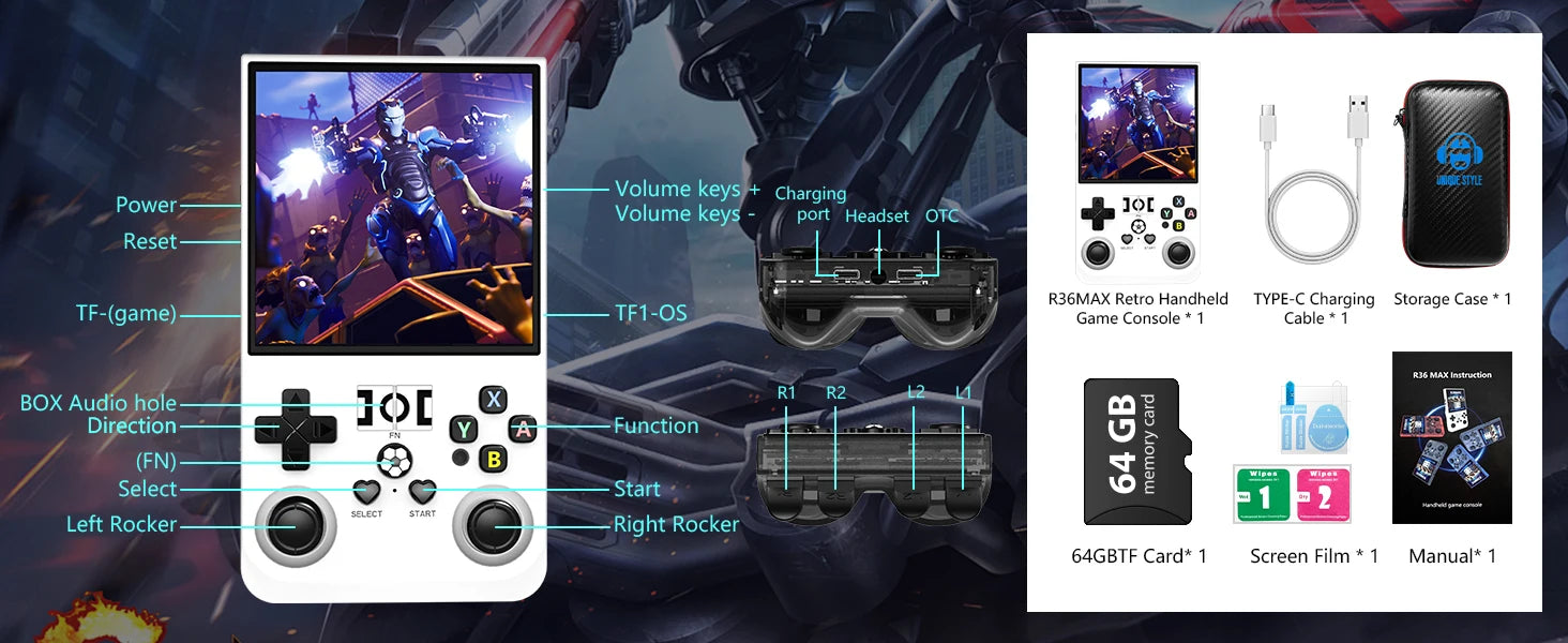 Retro Handheld Game Console Linux System 4.0 Inch IPS Screen Open Source R36MAX Portable Video Player Kids Gift