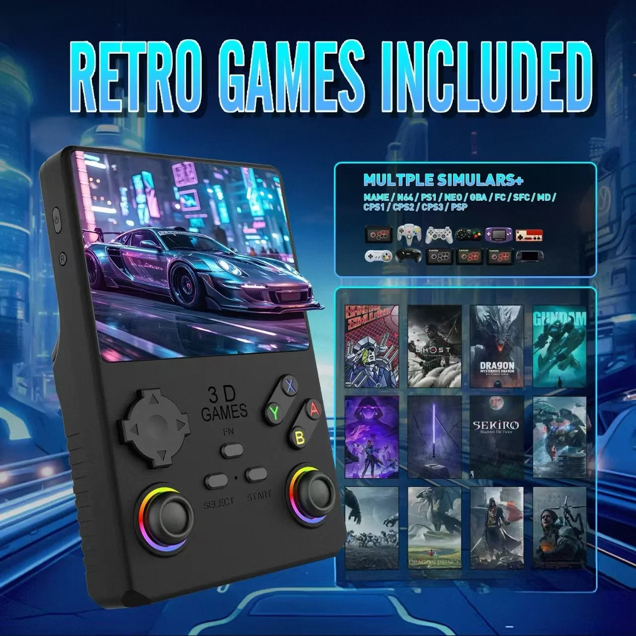 V40 MAX Handheld Game Console 4'' IPS Screen 4000mah Battery Joystick RGB lighting Effect 256GB with more than 40000 games