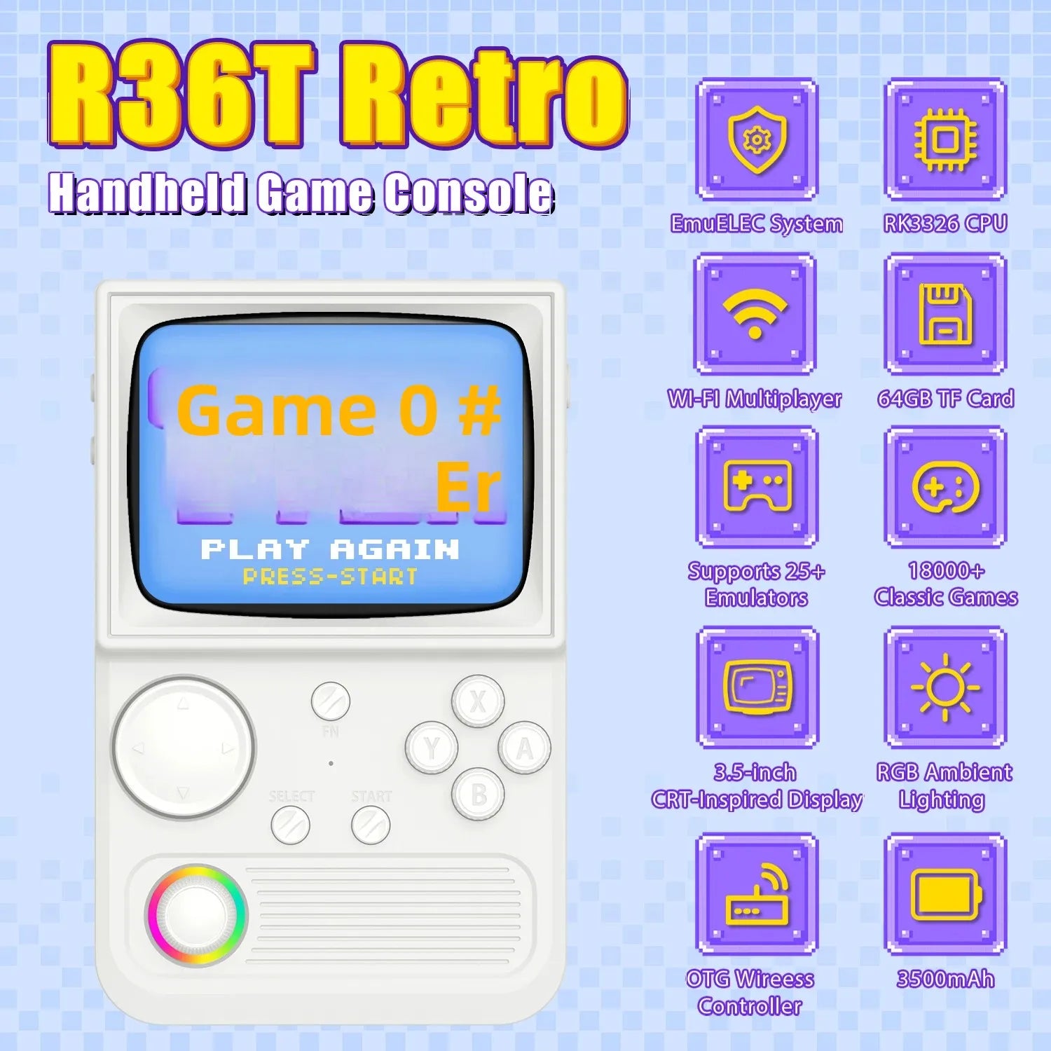 XISKT R36T Retro Portable Pocket Handheld Game Console EmuEMEC System 27+Simulator 18000+Game 3.5''IPS Screen Video Game Console